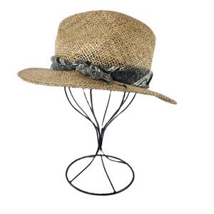 Vintage Natural Straw Fedora Hat w Bandana Headband Sz Small - Made in USA